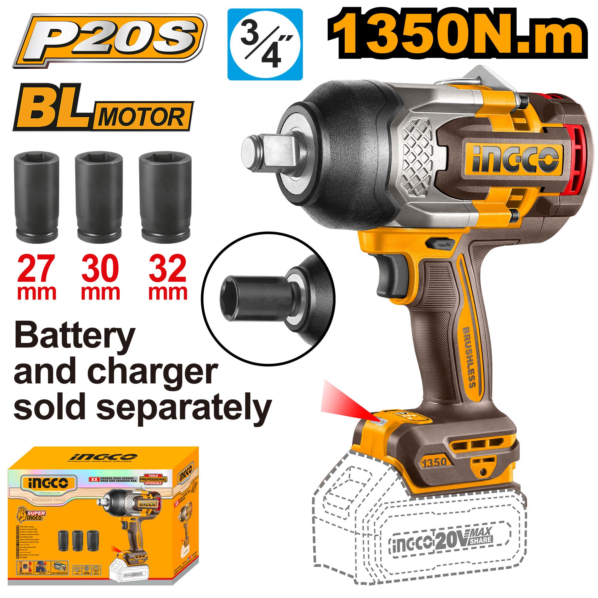 Аккумуляторный ударный гайковерт 1350 Нм, 3/4", 20В б/щ (4) INGCO CIWLI201351 INDUSTRIAL
