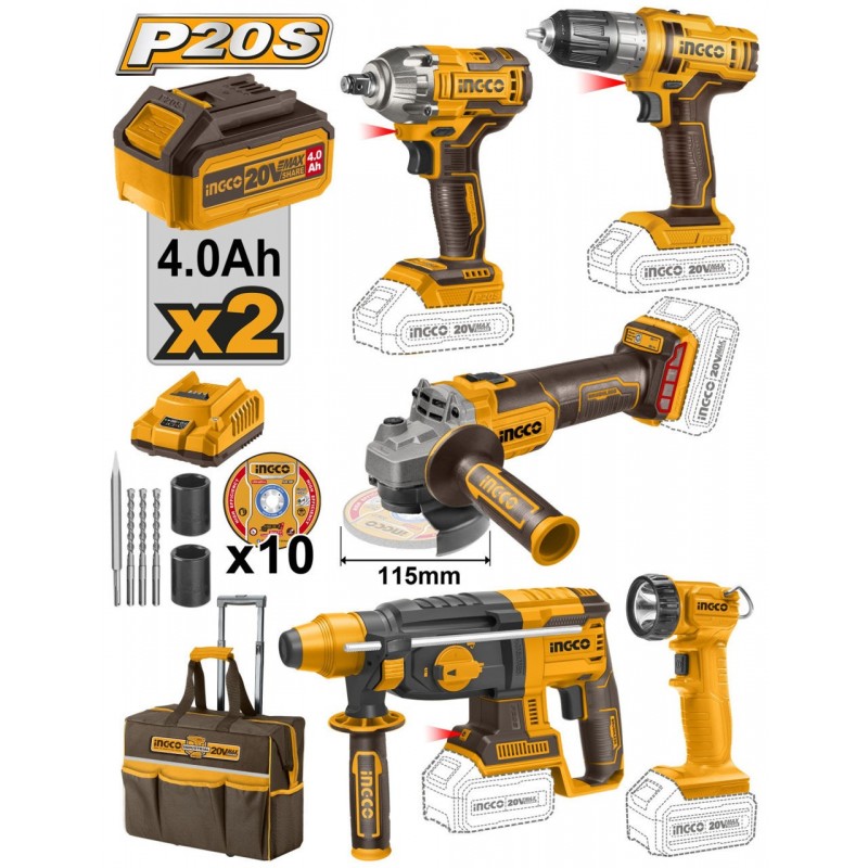 Комплект из 5шт. инструментов с аккумуляторами 20V/2*4Ah INGCO  CKLI2019