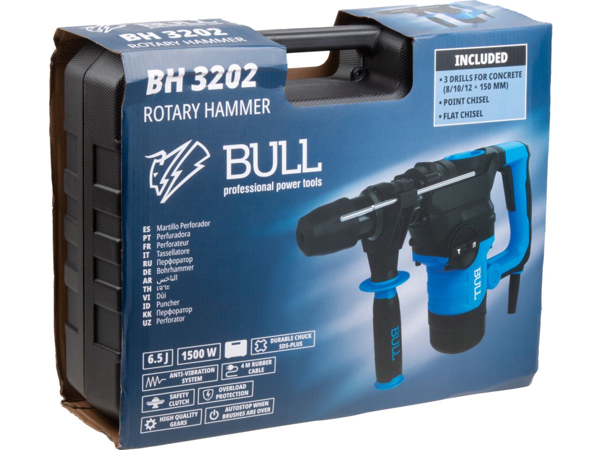 Перфоратор сетевой BULL BH3202 1500 Вт, 6,5 Дж + 2 зуб., 3 сверла