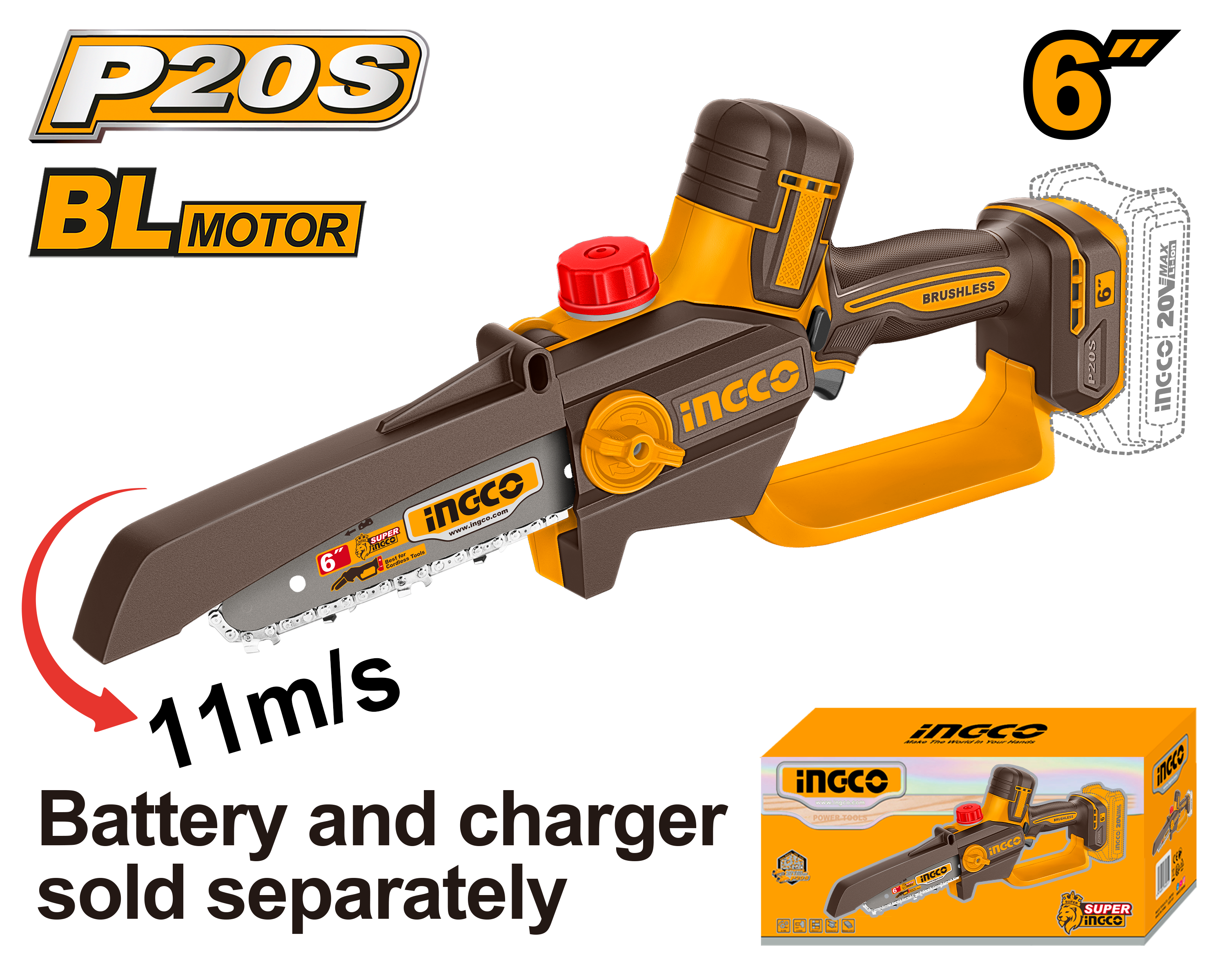 Пила цепная аккумуляторная 20В б/щ (5) INGCO CGSLI2066 INDUSTRIAL