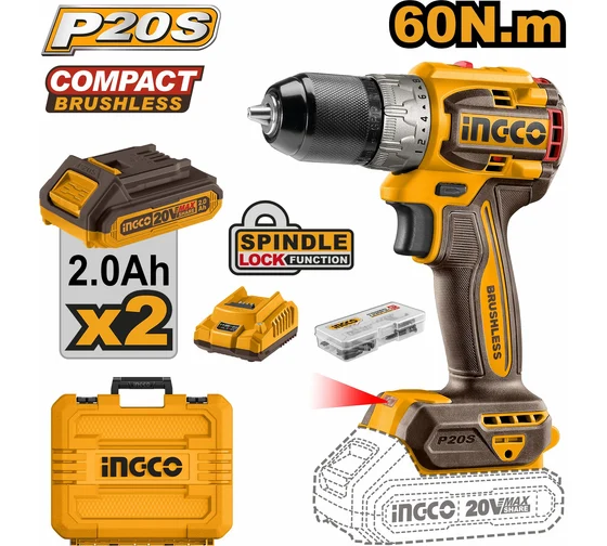 Аккумуляторный шуруповерт 20B BL 60Hm 22+1 кейс SUPER INGCO CDLI20602 INDUSTRIAL