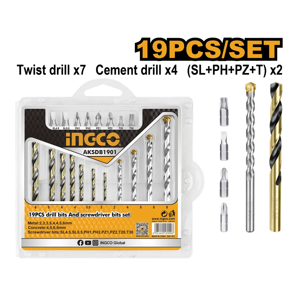 Набор сверл и бит 19 шт. INGCO AKSDB1901