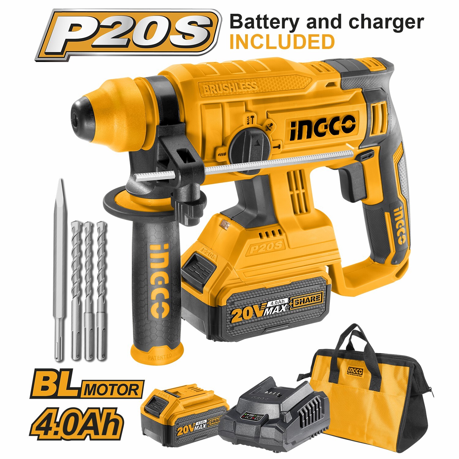 Перфоратор аккумуляторный BL 20В 2Дж INGCO CRHLI2201 INDUSTRIAL 