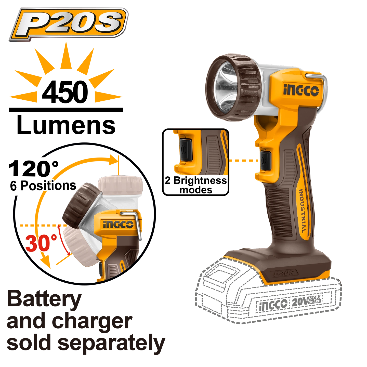 Аккумуляторная лампа 20В, 450 Лм INGCO CWLI2058 INDUSTRIAL