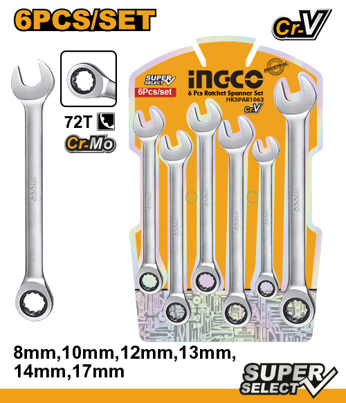 Набор комб. ключей с трещоткой 8-17 мм. 6 пред. INGCO HKSPAR1062 INDUSTRIAL