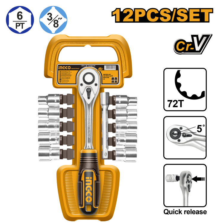 Набор головок 3/8" с трещоткой 12 шт. INGCO HKTS38122 INDUSTRIAL
