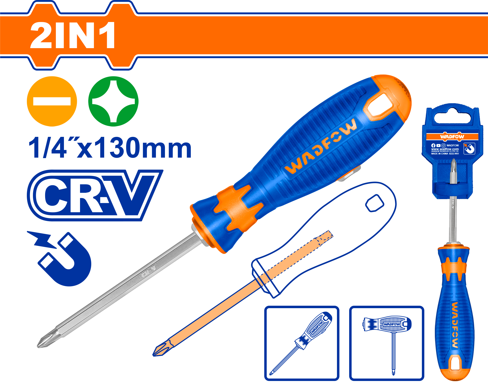 Oтвертка 2 в 1 PH2+SL6.5x130 мм (12/48) WADFOW WSS45M3