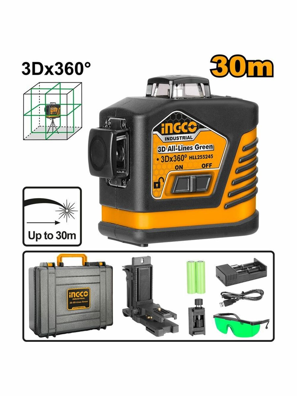 3D Самовыравнивающийся лазерный уровень с зеленым лучом INGCO HLL255267