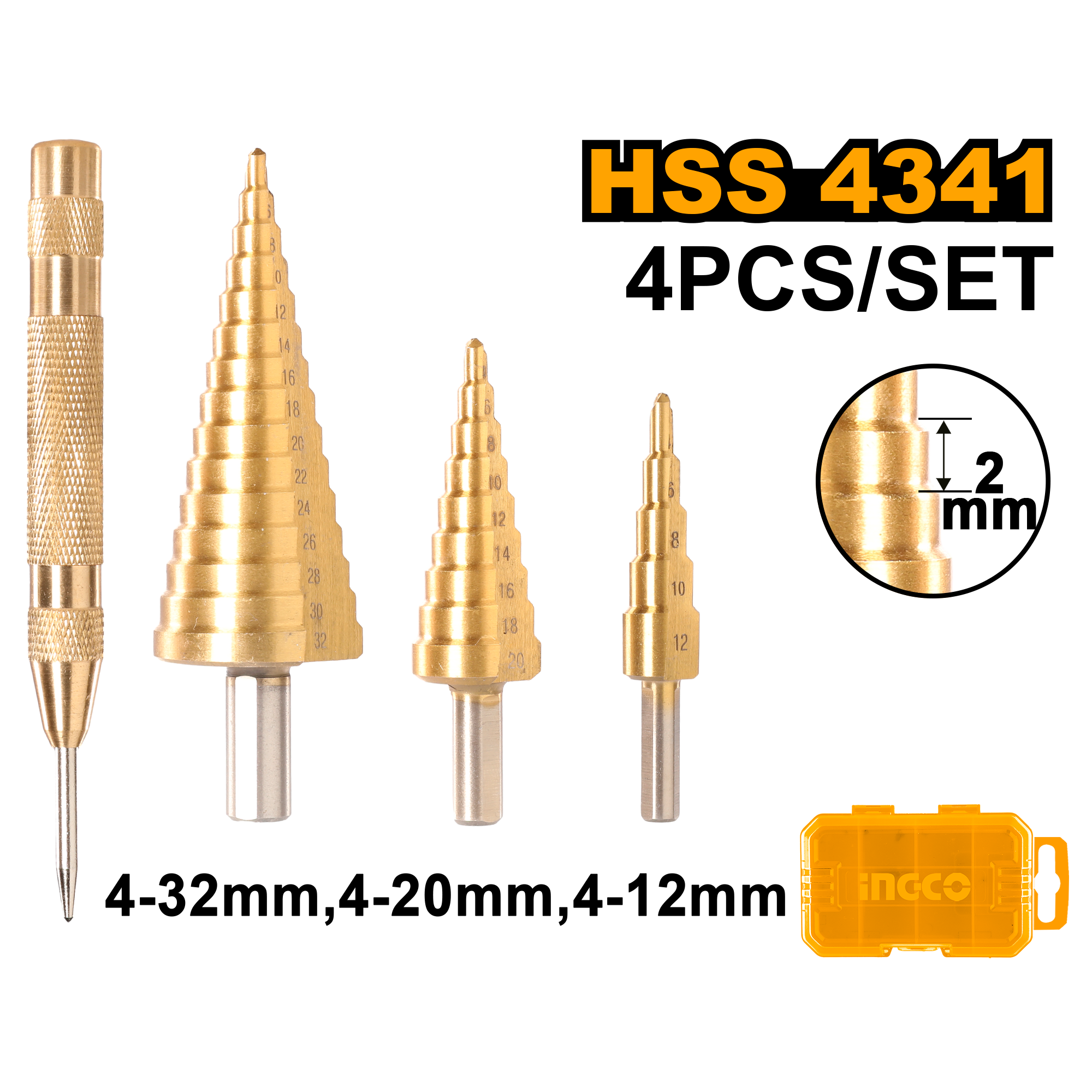 Набор ступенчатых сверл 4 шт (30) INGCO AKSDS2041 INDUSTRIAL