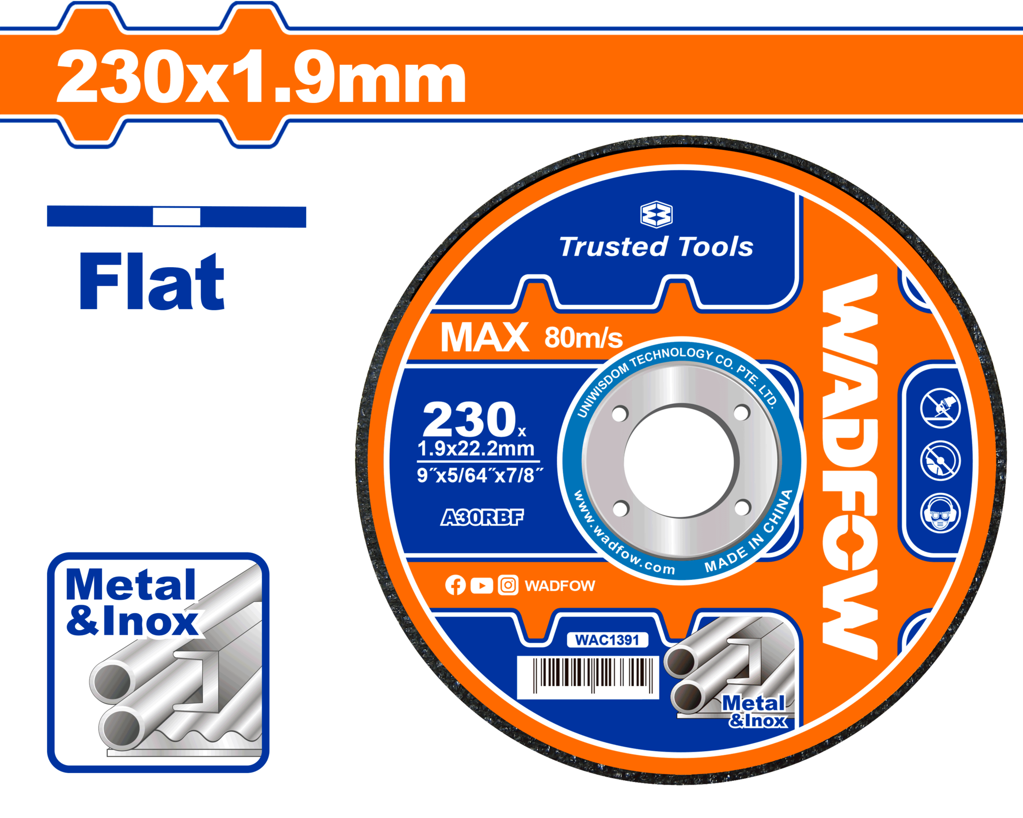 Абразивный диск для резки металла 230х1.9х22.2 мм WADFOW WAC1391