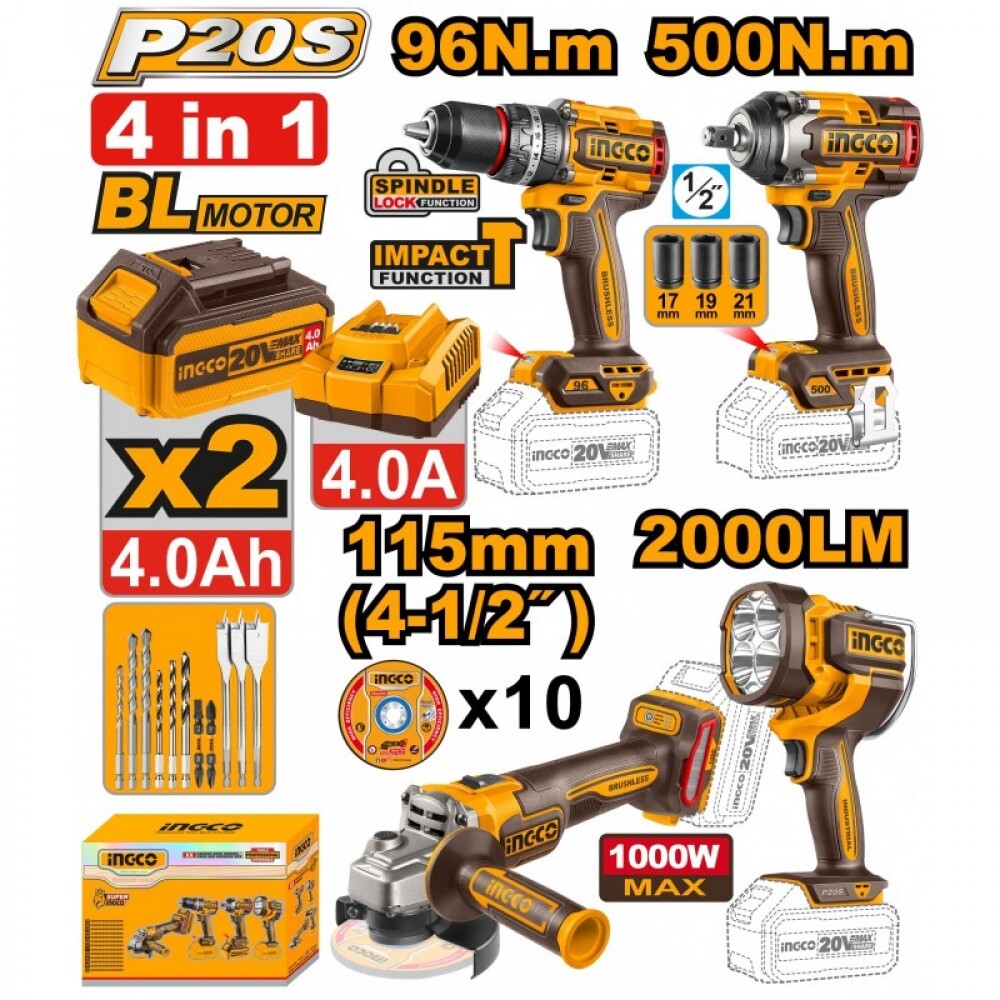 Набор аккумуляторного инструмента 4шт. Li-Ion 20 В INGCO COSLI241292 INDUSTRIAL