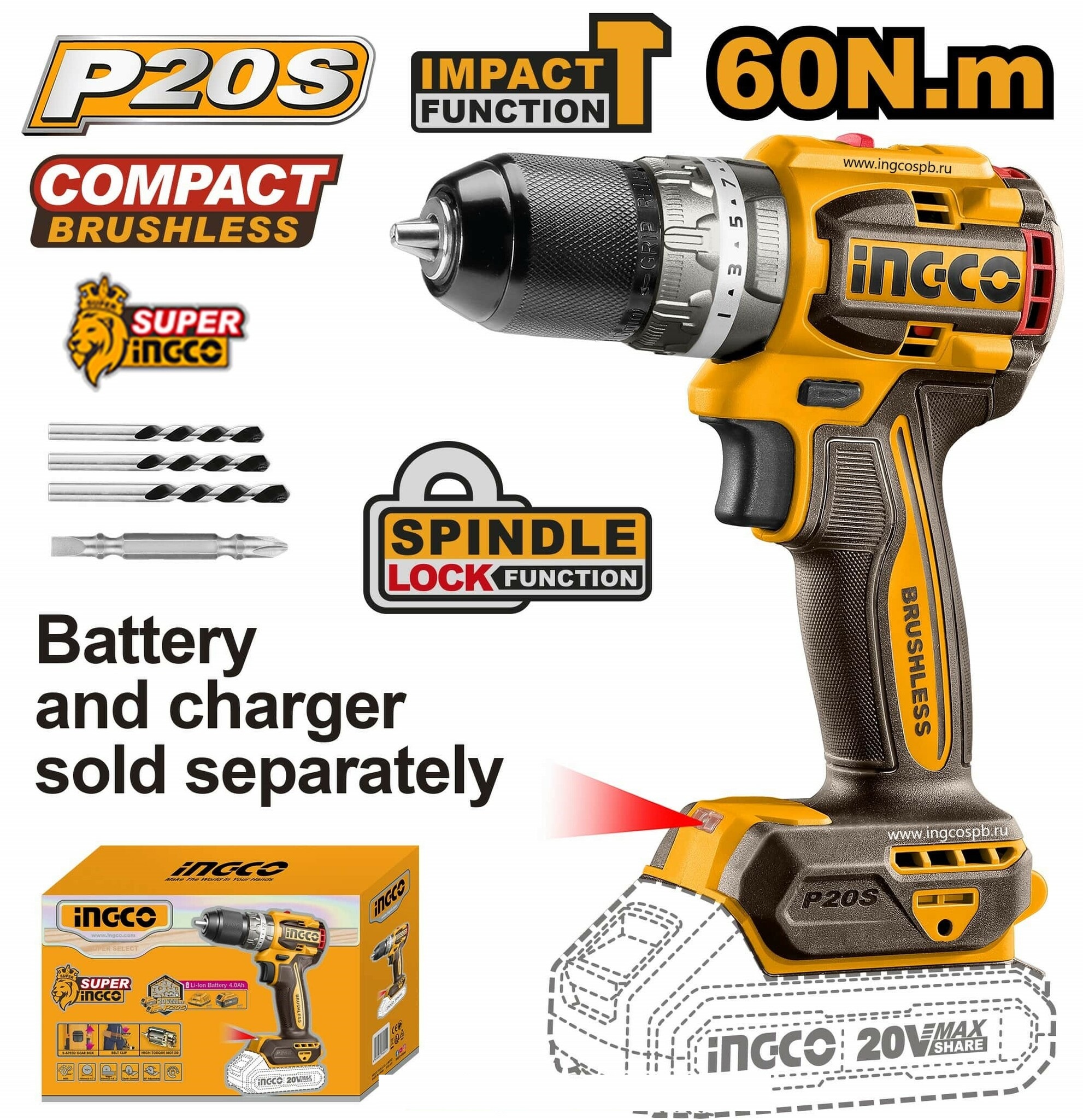 Аккумуляторный ударный шуруповерт 20B BL 60Hm 22+1+1 SUPER INGCO CIDLI206021 INDUSTRIAL