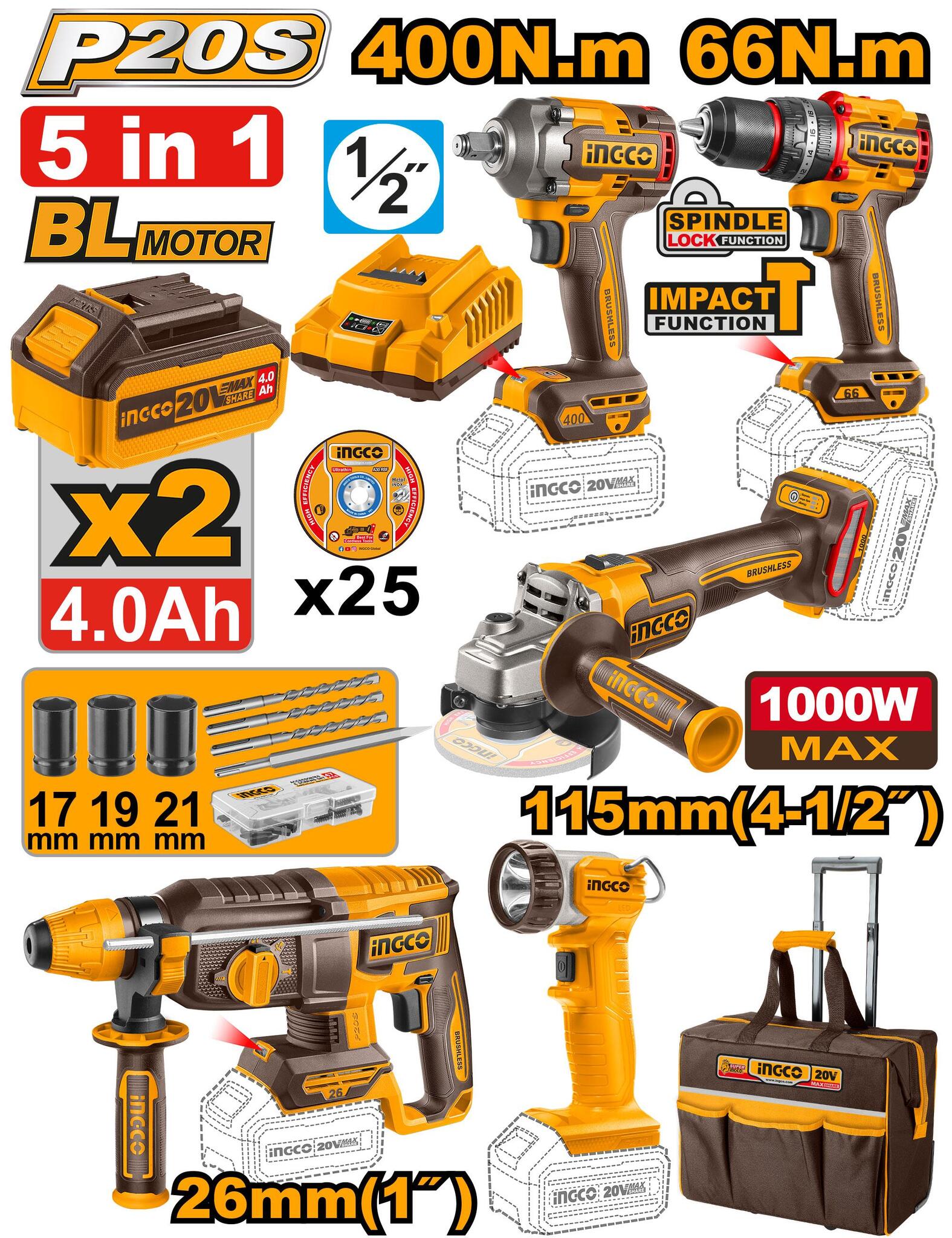 Набор аккумуляторного инструмента 20В 5 шт INGCO CKLI2059  INDUSTRIAL