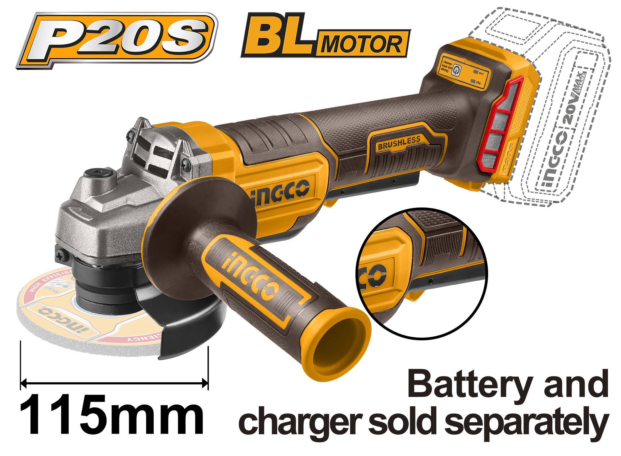 Аккумуляторная УШМ б/щ, 20В 115 мм INGCO CAGLI211156 INDUSTRIAL