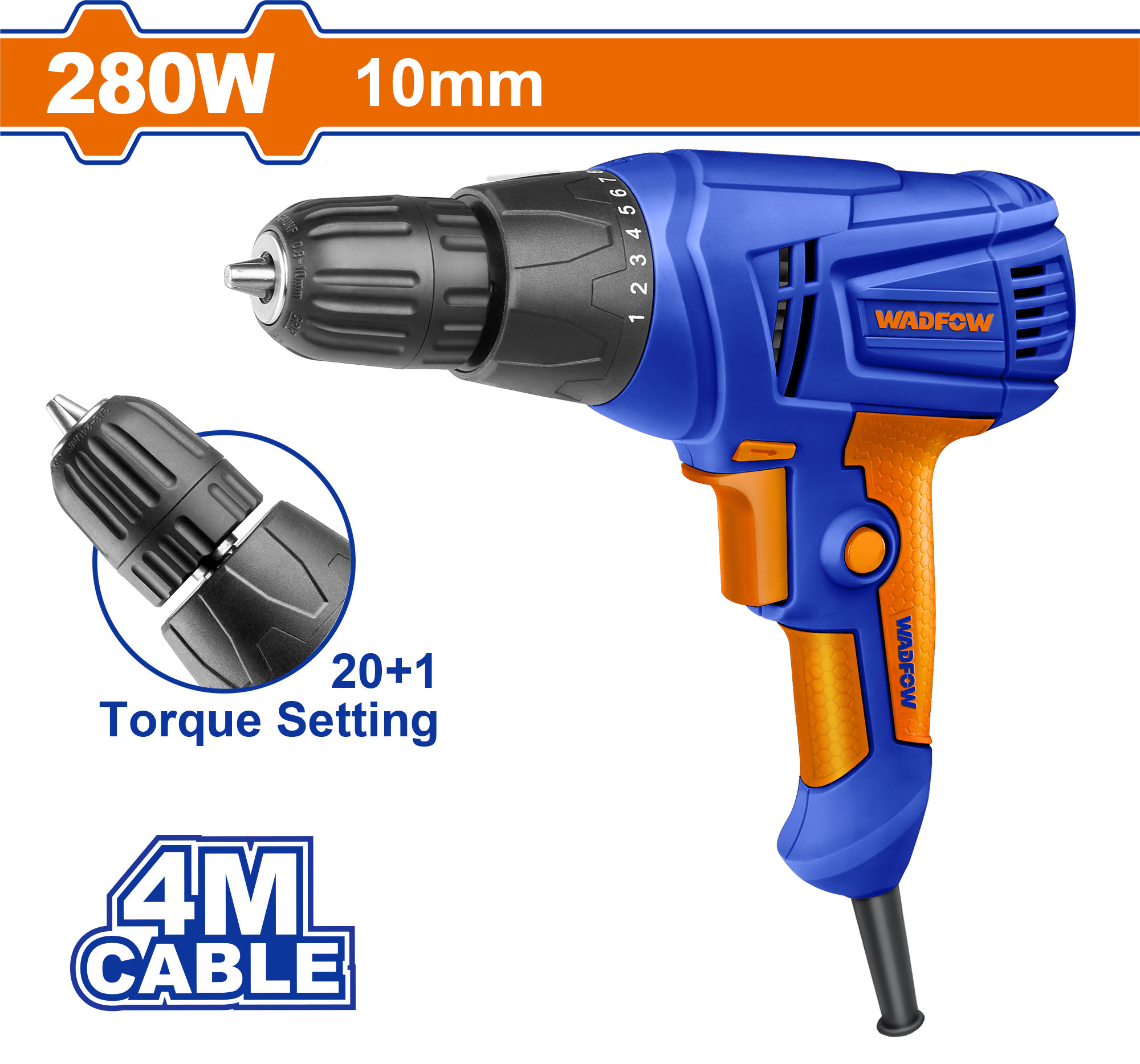 Дрель-шуруповерт 280 Вт, 10 мм WADFOW WED15281
