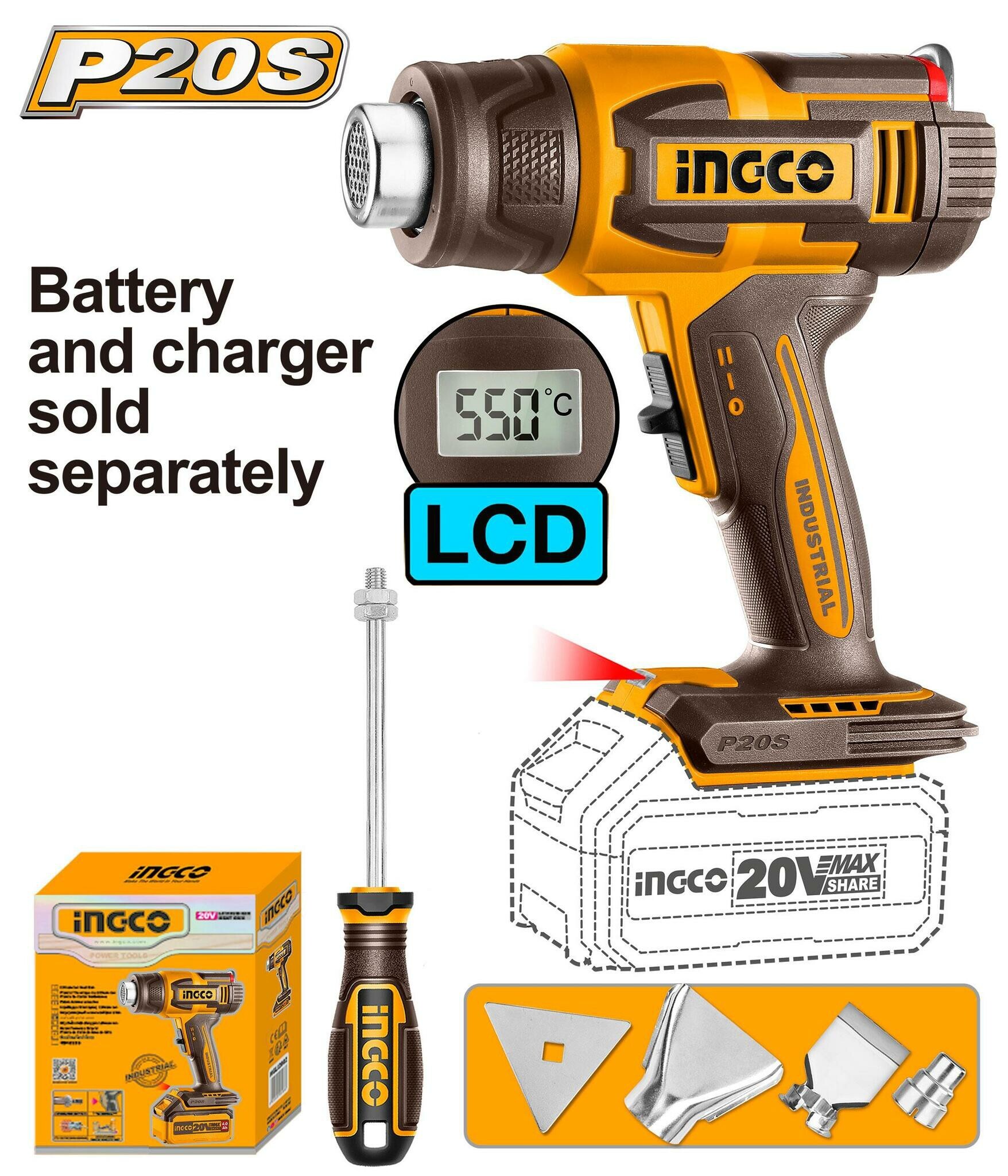 Фен аккумуляторный 20В ЖК-дисплей без АКБ и ЗУ INGCO HGLI2003 INDUSTRIAL