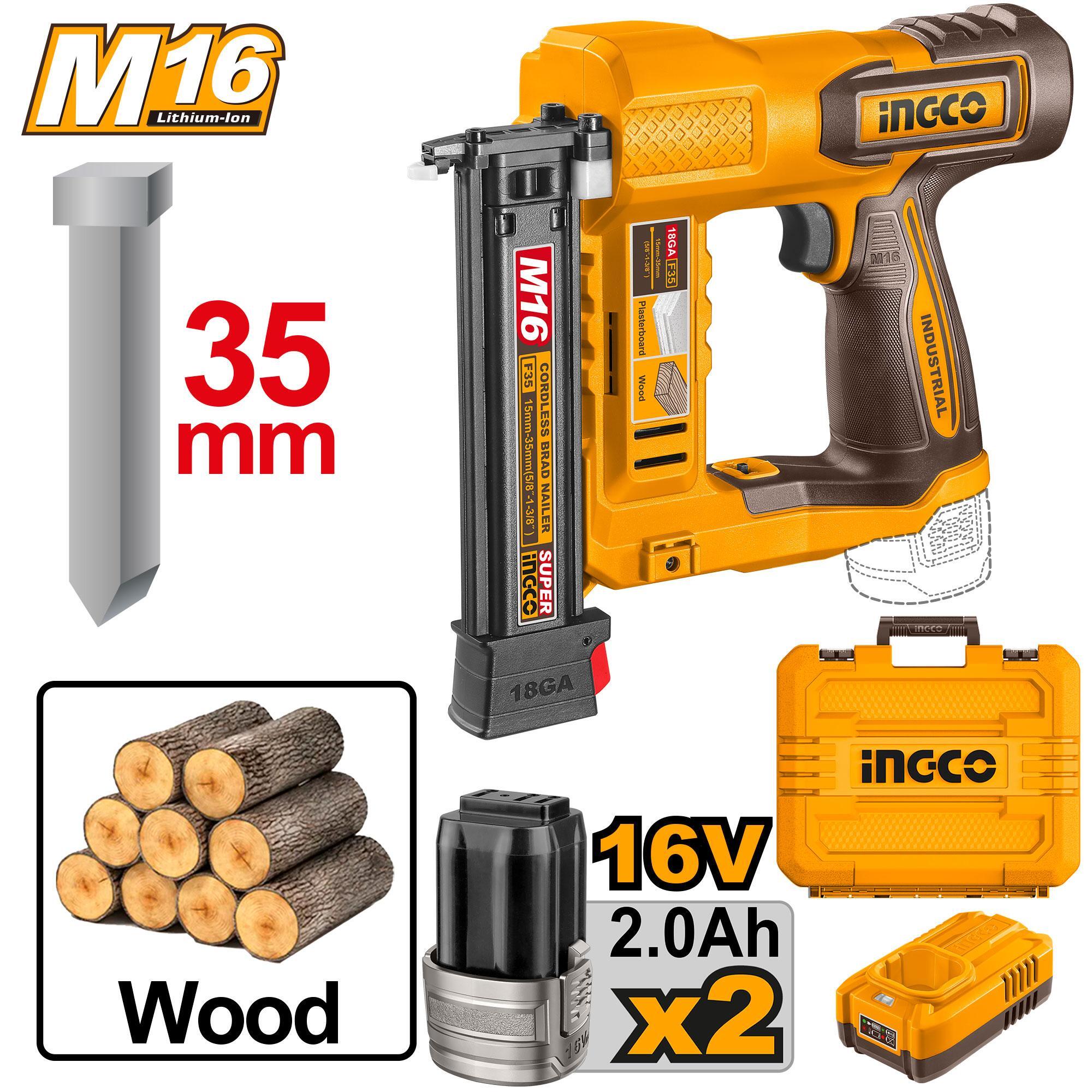 Аккумуляторный нейлер 16В, 2хАКБ и ЗУ, GA18 15-35мм INGCO CBNLI2038 INDUSTRIAL