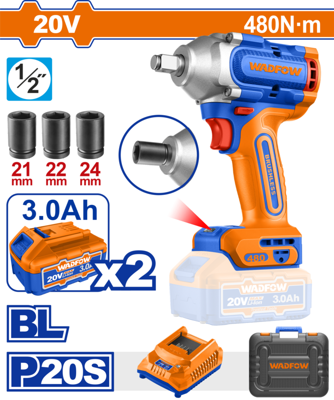Гайковерт аккумуляторный 20В, 480 Нм, б/щ WADFOW WCD1B48