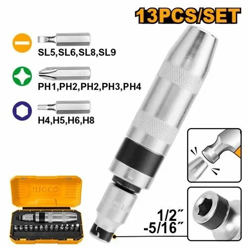 Ударная отвертка с набором ударных бит INGCO 13 шт HIDS1301