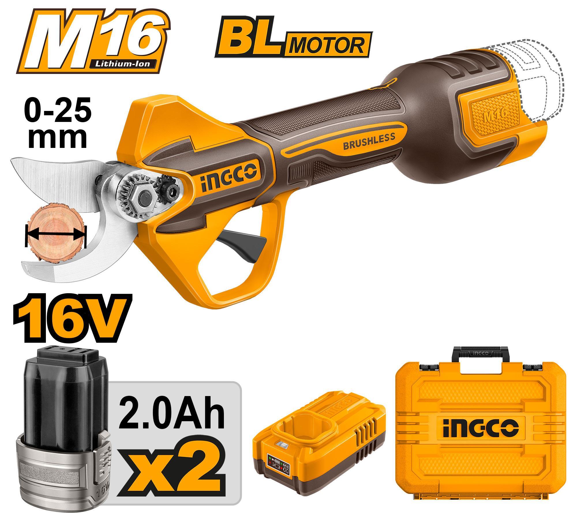 Аккумуляторный секатор 16B BL 2хАКБ 2Ач, и ЗУ INGCO CSSLI162582 INDUSTRIAL