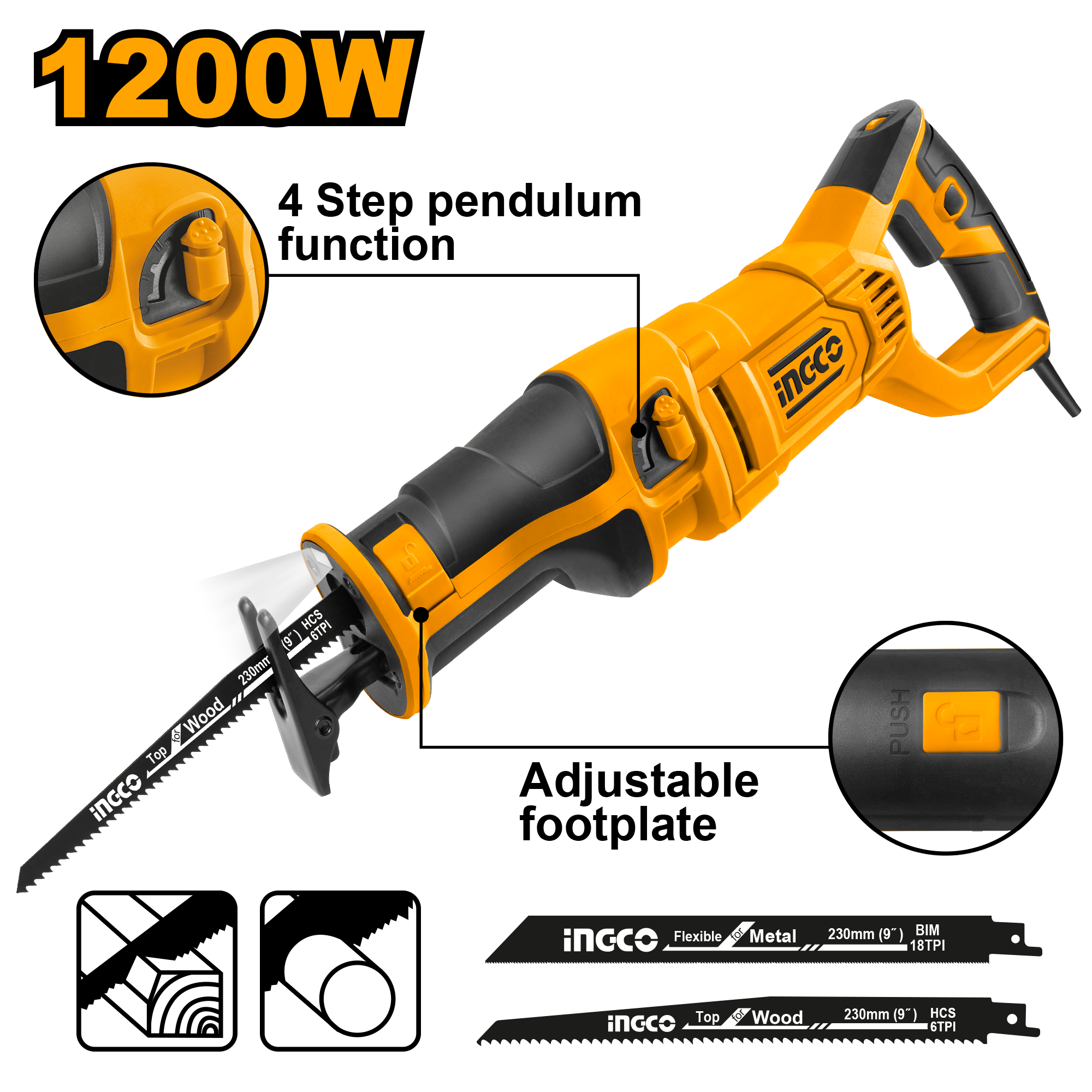 Пила сабельная профессиональная 1200Вт INGCO RS12001