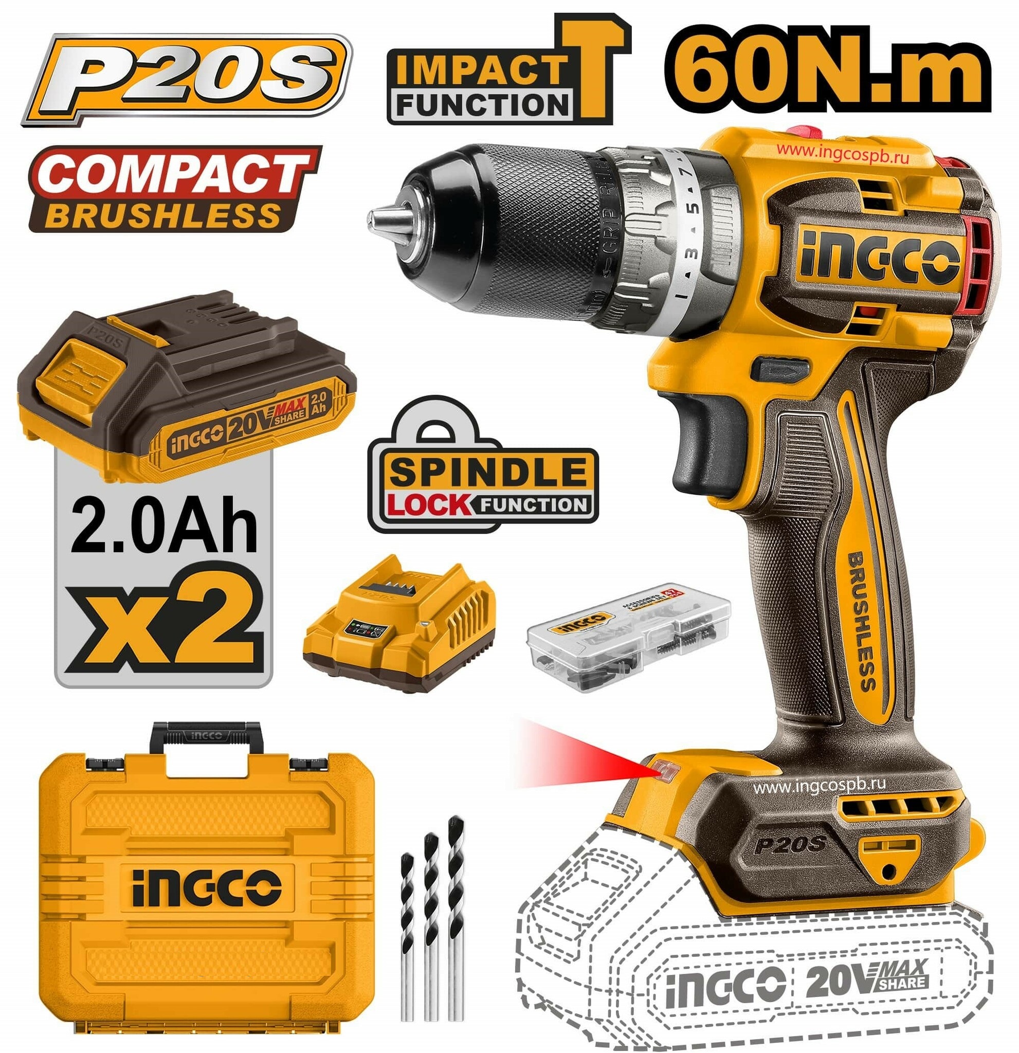 Аккумуляторный ударный шуруповерт 20B BL 60Hm 22+1+1 кейс SUPER INGCO CIDLI20602 INDUSTRIAL