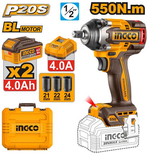 Аккумуляторный гайковерт BL 20В 550Hm 1/2, 2хАКБ 4Ач и ЗУ 4А SUPER INGCO CIWLI2055 INDUSTRIAL