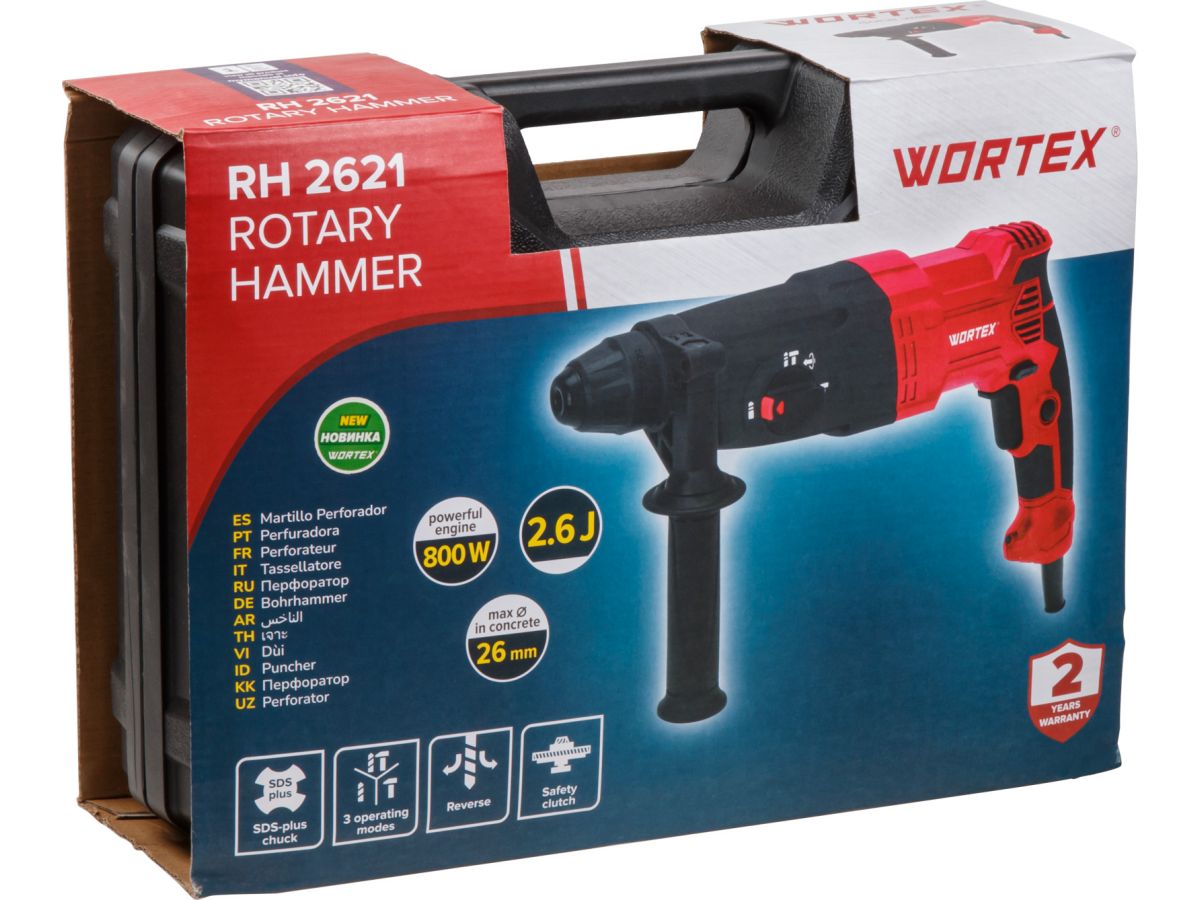 Перфоратор сетевой WORTEX RH2621 + 2 зубила, 3 сверла 800 Вт, 2.6 Дж