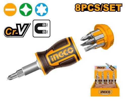 Отверткa короткая с битами 8 в 1 INGCO AKISDS0708