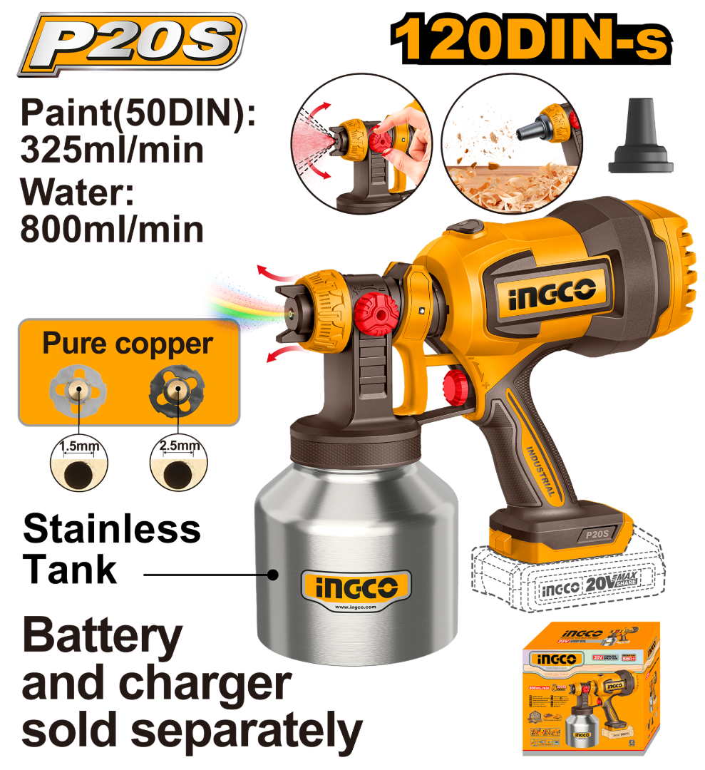 Краскораспылитель аккумуляторный 20В 800 мл/мин (8) INGCO CSGLI20041