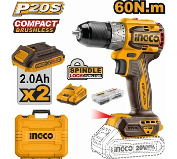 Аккумуляторный шуруповерт 20B BL 60Hm 22+1 кейс SUPER INGCO CDLI20602 INDUSTRIAL