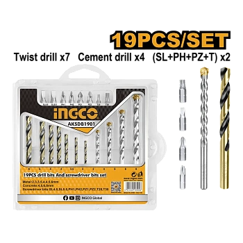 Набор сверл и бит 19 шт. INGCO AKSDB1901