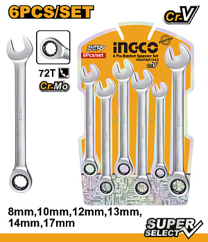 Набор комб. ключей с трещоткой 8-17 мм. 6 пред. INGCO HKSPAR1062 INDUSTRIAL