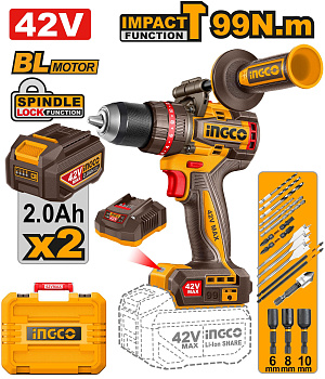 Аккумуляторный ударный шуруповерт 42B BL 99Hm 2хАКБ и ЗУ кейс INGCO CIDLI429982 INDUSTRIAL