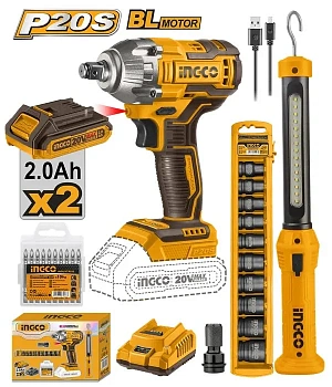 Гайковерт BL 20В 300Hm 1/2 INGCO COSLI23011 в наборе с головками,фонарь