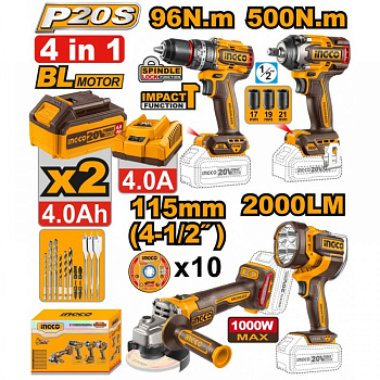 Набор аккумуляторного инструмента 4шт. Li-Ion 20 В INGCO COSLI241292 INDUSTRIAL