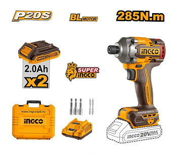 Аккумуляторный импульсный шуруповерт 20В BL 285Hm 2хАКБ и ЗУ кейс INGCO CIRLI2028 INDUSTRIAL