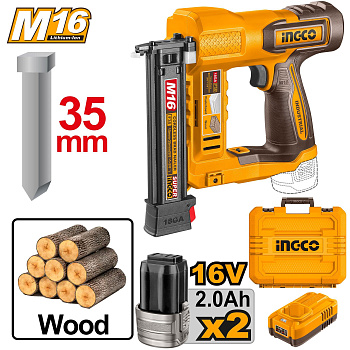 Аккумуляторный нейлер 16В, 2хАКБ и ЗУ, GA18 15-35мм INGCO CBNLI2038 INDUSTRIAL