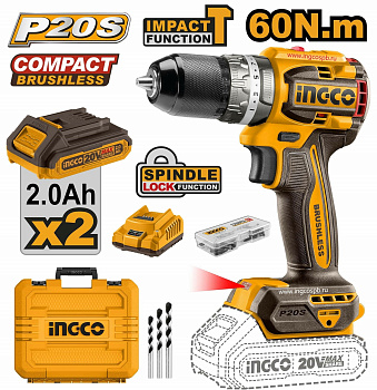 Аккумуляторный ударный шуруповерт 20B BL 60Hm 22+1+1 кейс SUPER INGCO CIDLI20602 INDUSTRIAL