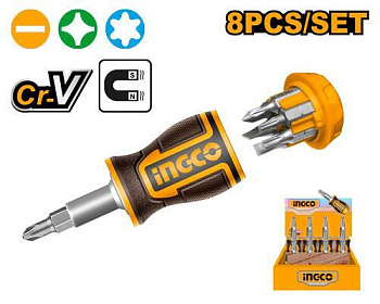 Отверткa короткая с битами 8 в 1 INGCO AKISDS0708
