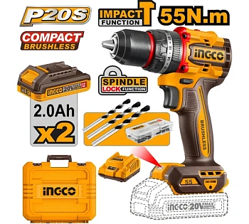 Аккумуляторный ударный шуруповерт INGCO 20B BL 55Hm 22+1+1 кейс SUPER CIDLI20558
